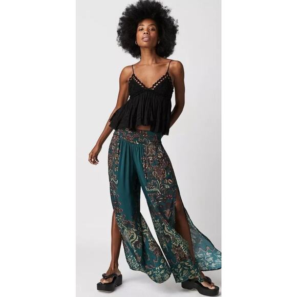 Floral Teal Wide-Leg Pants - Picture 1 of 12